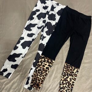 SHEIN Kids Leopard and Cow Print Leggings - Black, White, Brown